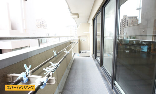 南向きのバルコニー。高層階なので陽当たり良好です。