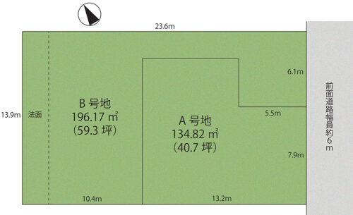 区画図 A号地：1580万円（売却済） B号地：1580万円 ともに駐車スペース並列２台分