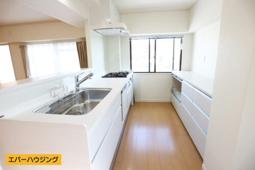 キッチンはフルリフォームにて新調済み。カップボードを新たに設置しています。対面式のシステムキッチンです。