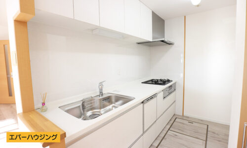 白を基調にしたシンプルなシステムキッチンです。食器洗い乾燥機付きです。