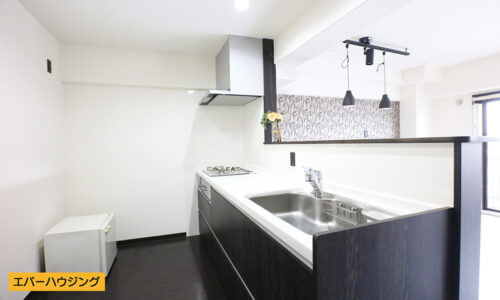 対面式のシステムキッチンです。 水栓は浄水器付きです。