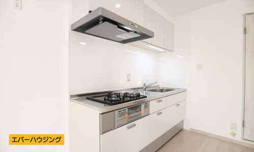 システムキッチンは白を基調としたシンプルな物♪