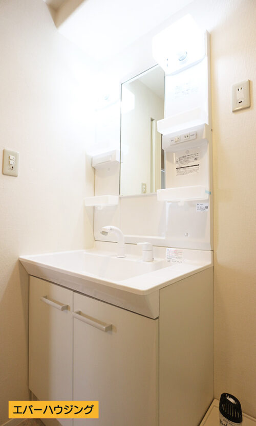 忙しい朝に嬉しいシャワー付きの洗面化粧台。収納もたっぷりで使いやすいです。