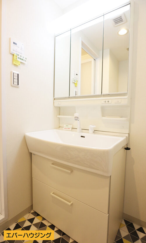 忙しい朝に嬉しいシャワー付きの独立洗面台。女性に嬉しい三面鏡です。