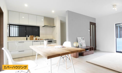 14.5帖のリビングダイニング。 グレーのアクセントクロスでスタイリッシュな空間に♪ ２面に窓があります。